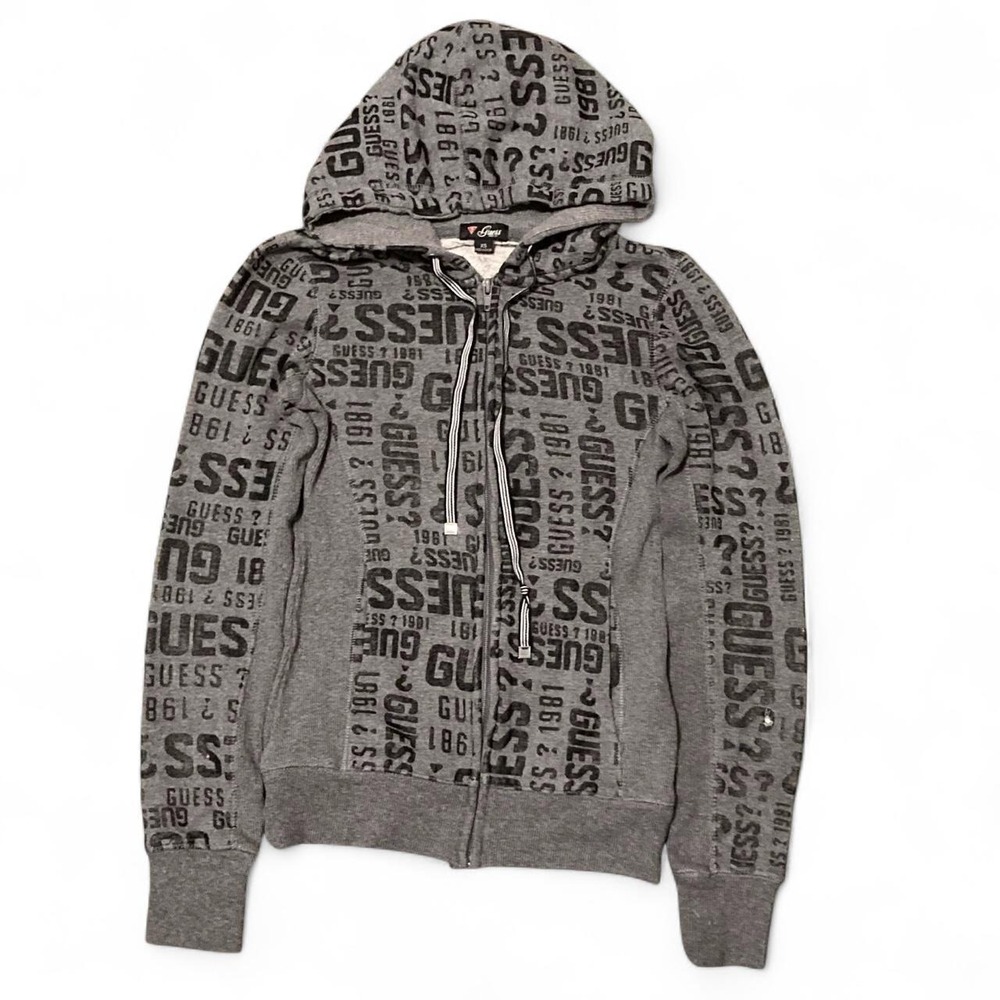 Guess jeans all over print full zip fleece hoodie vtg y2k thermal hood Xs/14.25